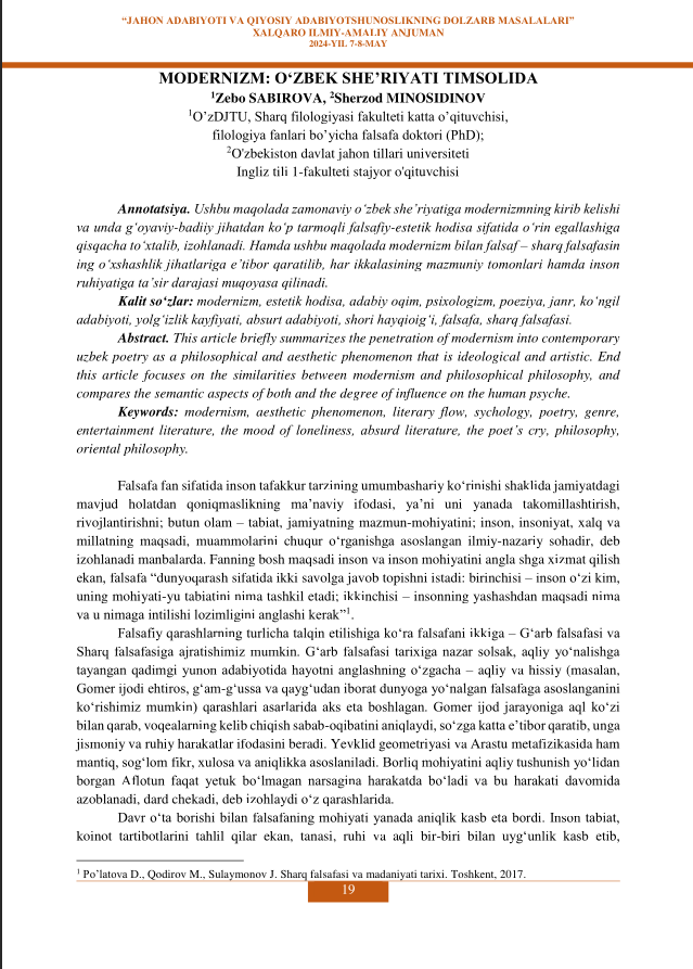 MODERNIZM: O‘ZBEK SHE’RIYATI TIMSOLIDA