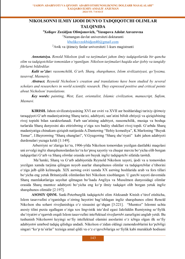NIKOLSONNI ILMIY IJODI DUNYO TADQIQOTCHI OLIMLAR TALQINIDA
