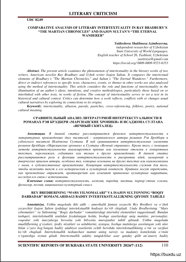 COMPARATIVE ANALYSIS OF LITERARY INTERTEXTUALITY IN RAY BRADBURY’S   “THE MARTIAN CHRONICLES” AND ISAJON SULTAN’S “THE ETERNAL  WANDERER
