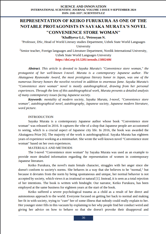 36 REPRESENTATION OF KEIKO FURUKURA AS ONE OF THE NOTABLE PROTAGONISTS IN SAYAKA MURATA’S NOVEL "CONVENIENCE STORE WOMAN"