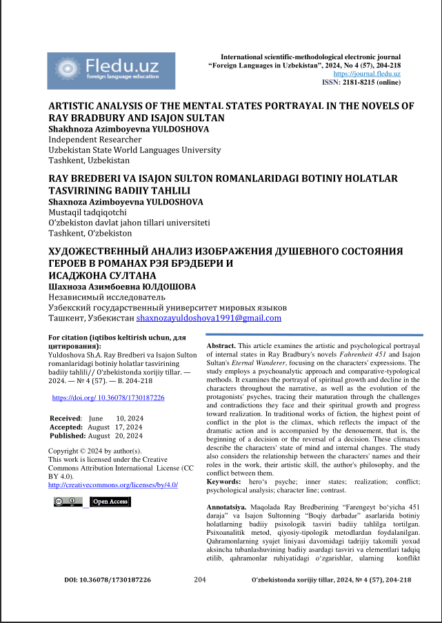 ARTISTIC ANALYSIS OF THE MENTAL STATES PORTRAYAL IN THE NOVELS OF  RAY BRADBURY AND ISAJON SULTAN