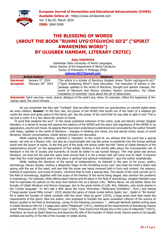 THE BLESSING OF WORDS(ABOUT THE BOOK “RUHNI UYGʻOTGUVCHI SOʻZ” (“SPIRITAWAKENING WORD”)BY ULUGBEK HAMDAM, LITERARY CRITIC)