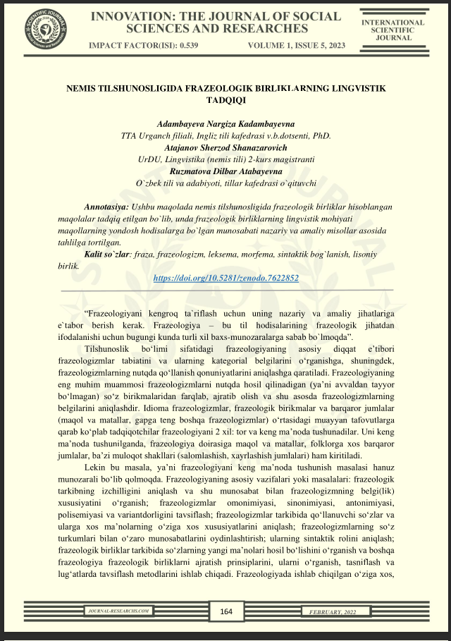 NEMIS TILSHUNOSLIGIDA FRAZEOLOGIK BIRLIKLARNING LINGVISTIKTADQIQI