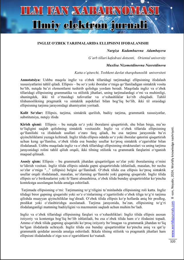 INGLIZ O'ZBEK TARJIMALARIDA ELLIPSISNI IFODALANISHI