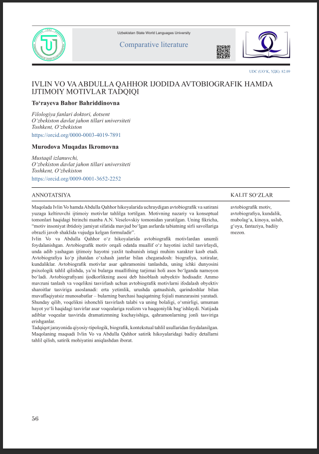 IVLIN VO VA ABDULLA QAHHOR IJODIDA AVTOBIOGRAFIK HAMDA   IJTIMOIY MOTIVLAR TADQIQI