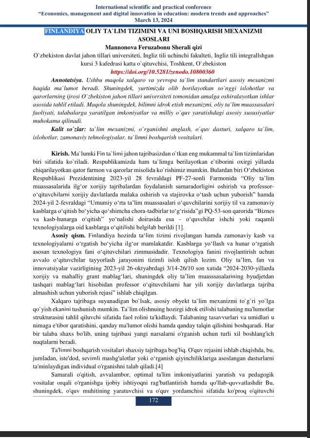 FINLANDIYA OLIY TA`LIM TIZIMINI VA UNI BOSHQARISH MEXANIZMI ASOSLARI