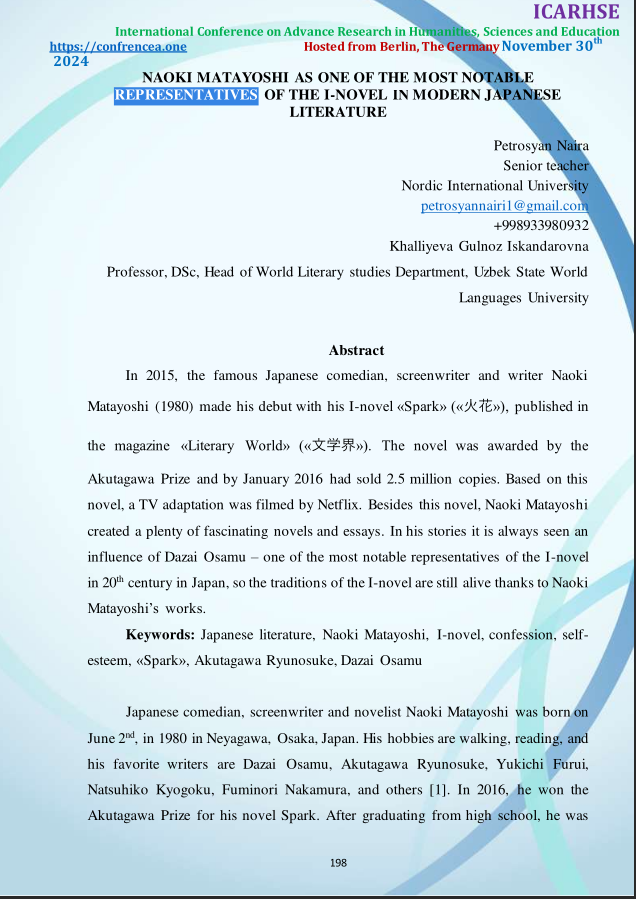 NAOKI MATAYOSHI AS ONE OF THE MOST NOTABLE REPRESENTATIVES OF THE I-NOVEL IN MODERN JAPANESE LITERATURE